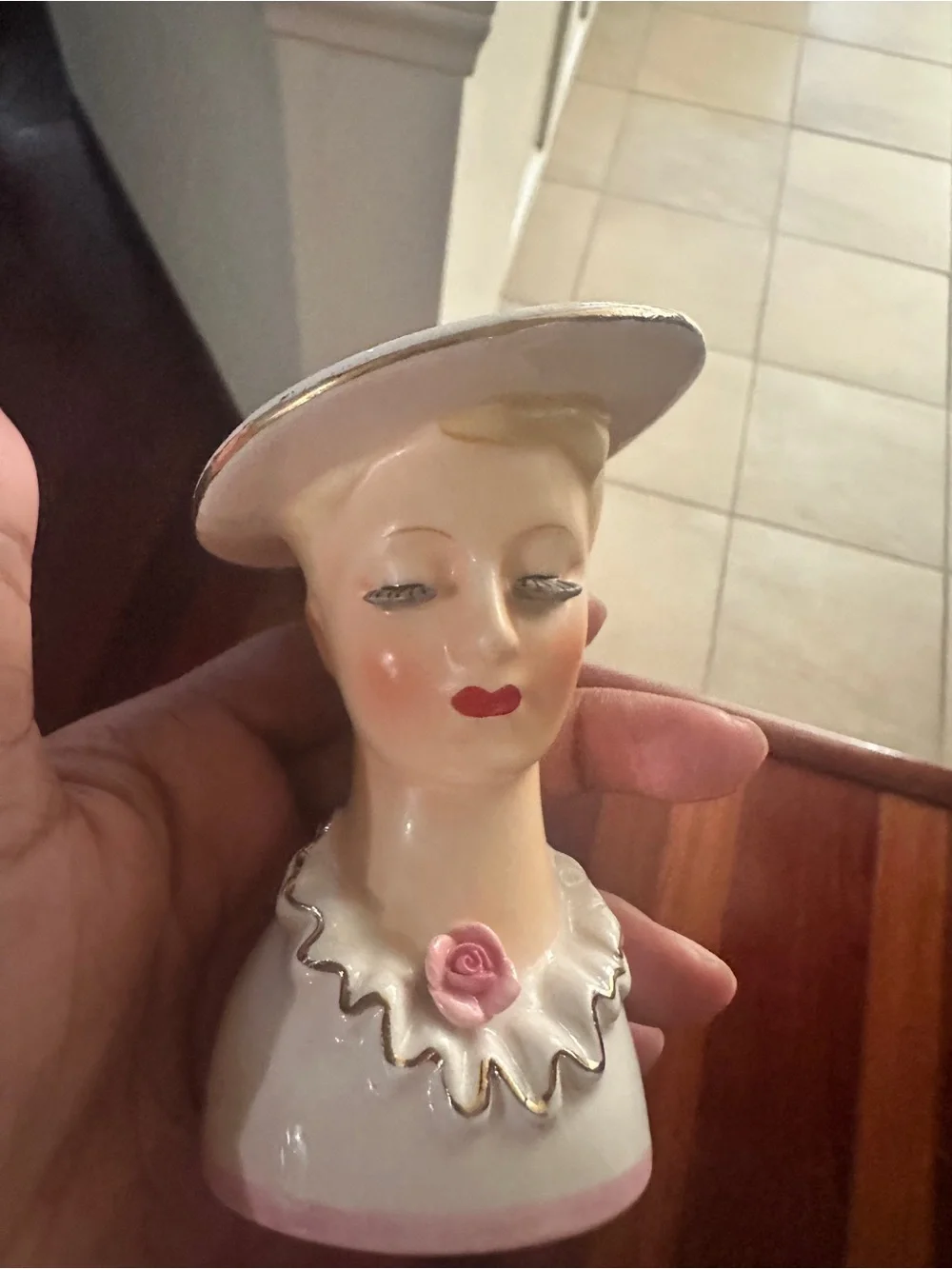 Vintage Ceramic Lady Head Vase - Pink Accents bud vase